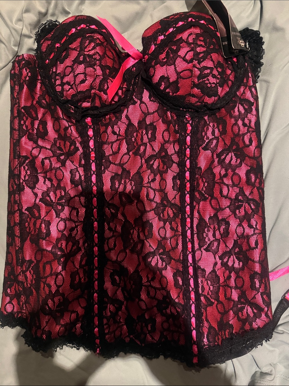 Black Lace Overlay Pink Bustier Corset